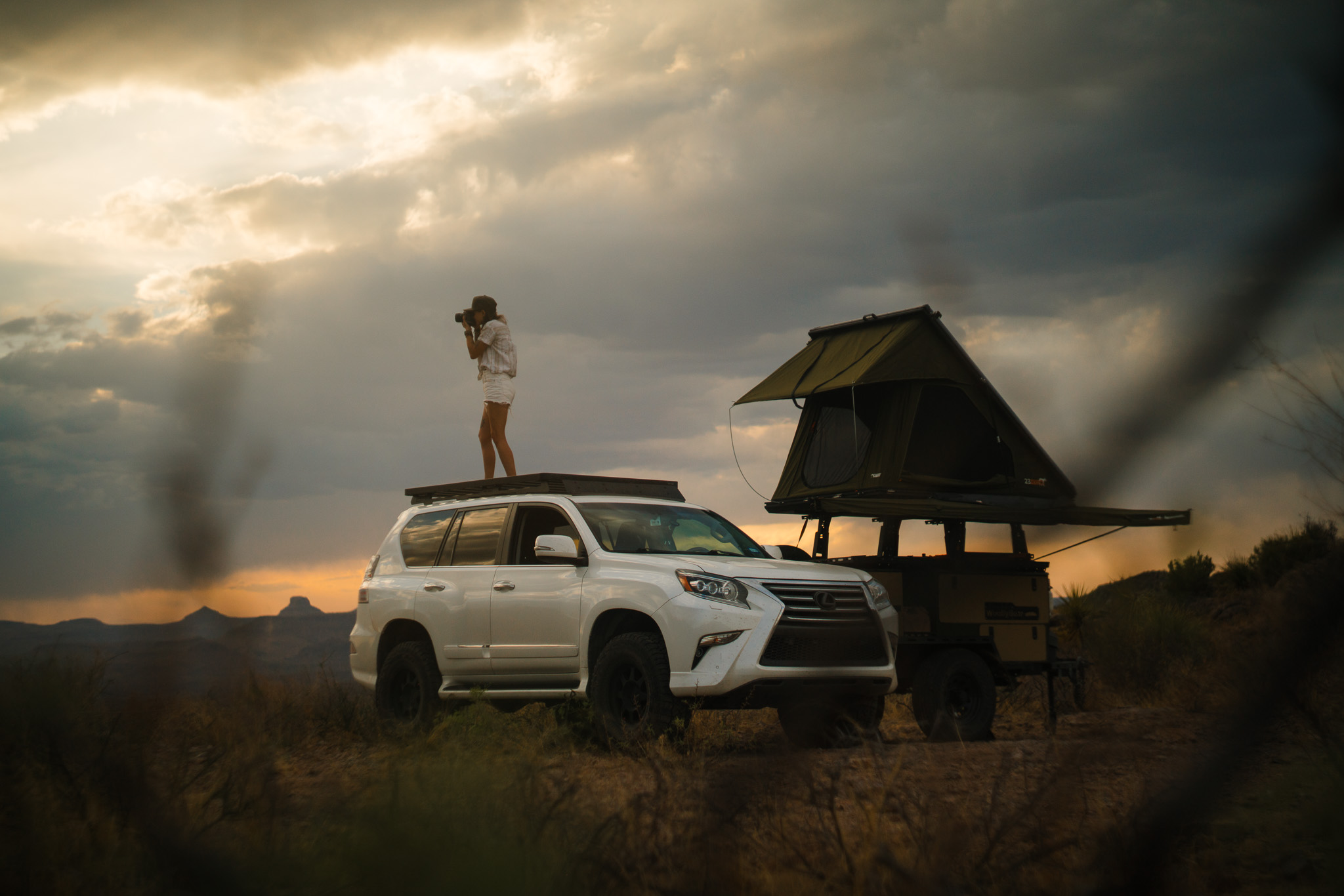 Ally on an adventure—photographing wildlife from the roof of her SUV.